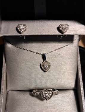 Zales 10k White Gold Heart Pendant Necklace, Earrings, Amethyst Diamond Ring